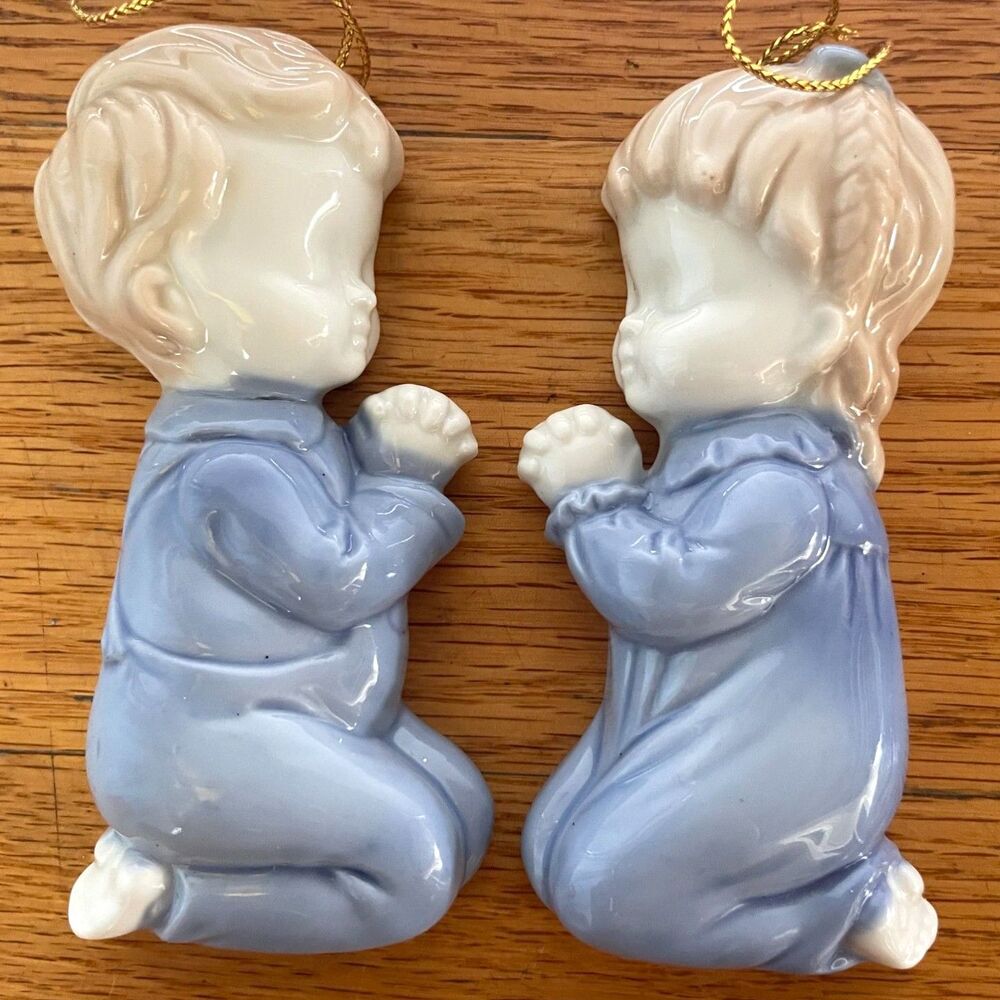 Vintage Bens Transworld Praying Boy Girl Christmas Ornaments Japan Porcelain